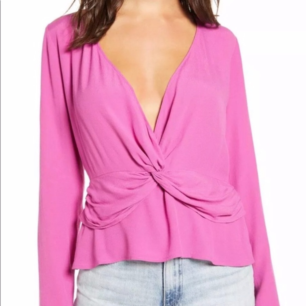 Leith Faux Tie/ Wrap Long Sleeve Fuchsia Blouse